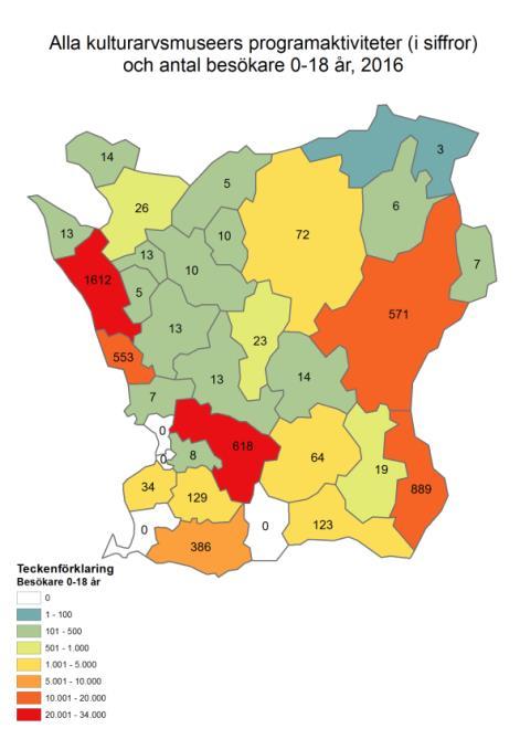 Figur 7: Kartor med statistik över besökare till museerna respektive karta över alla museers programaktiviteter samt besökare på dessa 2016.