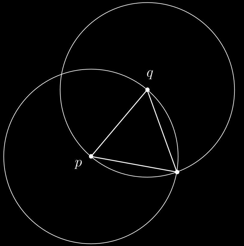 Figur 2.1: Konstruktion av en liksidig triangel (ii) Rita en cirkel C 2 med mittpunkt p, som går genom m. (iii) Låt q 1 vara en av skärningspunkterna mellan C 1 och C 2.