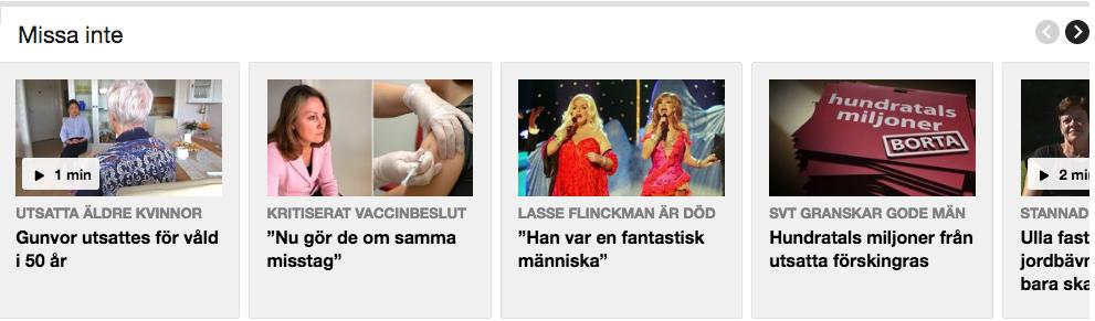 Figur 8: Bild från SVT Nyheter (SVT, 2016c) där pilarna i högra hörnet är länkar som saknar beskrivning och som läses upp som länk.