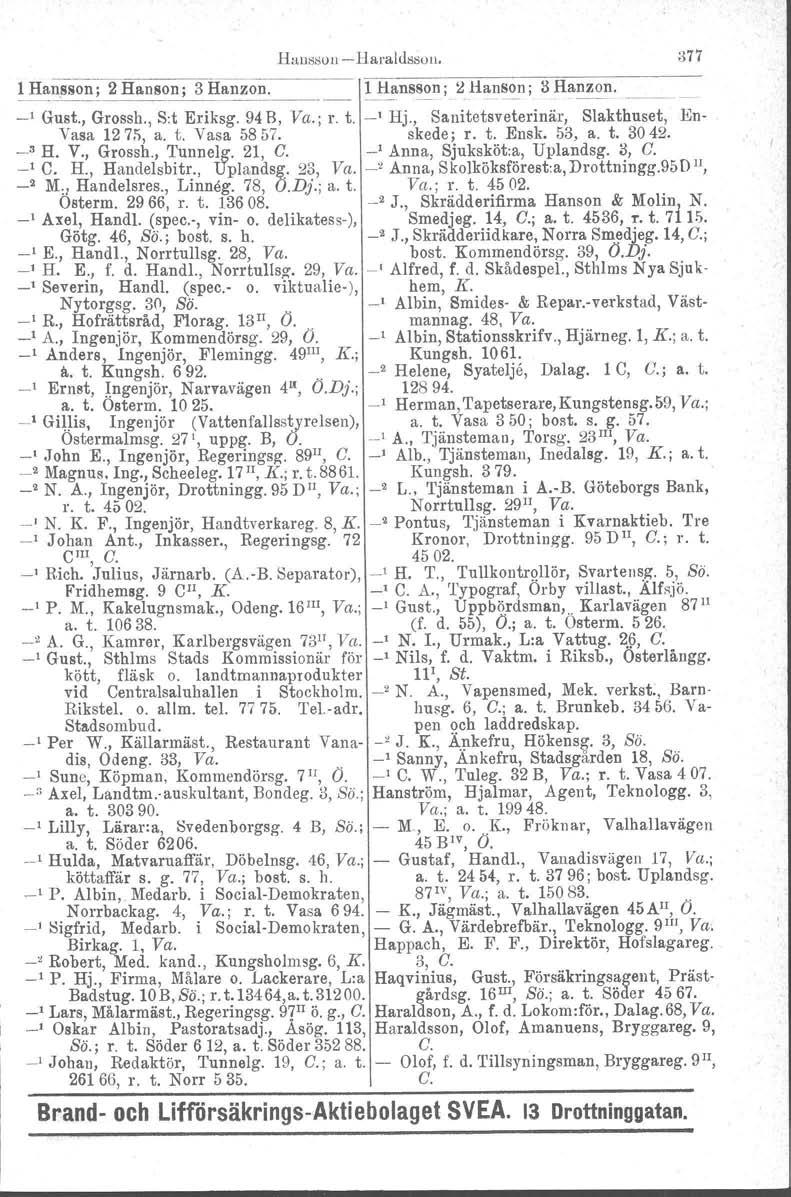 Hansson - Haraldsson, 377 ------------ -----,::-~---:_:_;_; --,,_;;co_------ 1 H~n,sson; 2 Hanson; 3 Hanzon. 1 Hansson; ~_Hanson; 3 Ha~~~. 1 Gust., Grossh., S:t Eriksg. 94 B, Va.; r. t. _I Hj.