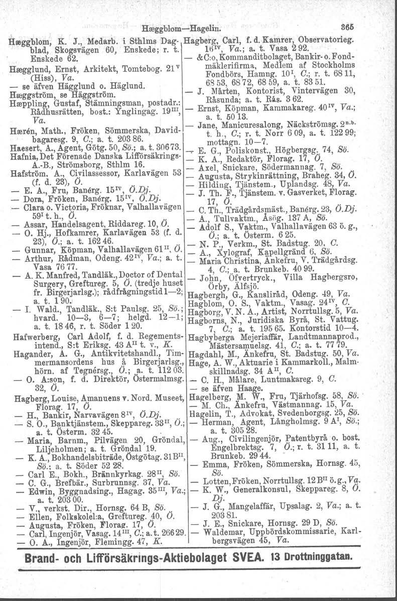 Heeggblom-e-Hsgelln. 865 :8:lIlggblom, K. J., Medarb. i Sthlms Dag- Hagberg, Carl, f. d.kamrer, Observatorieg. blad, Skogsvägen 60, Enskede; r. t. 1ö 1v, Va.; a. t. Vasa 292. Enskede 62.