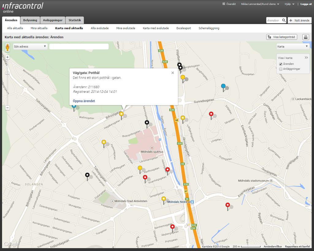 använder Google Maps för att presentera aktuella eller avslutade ärenden.