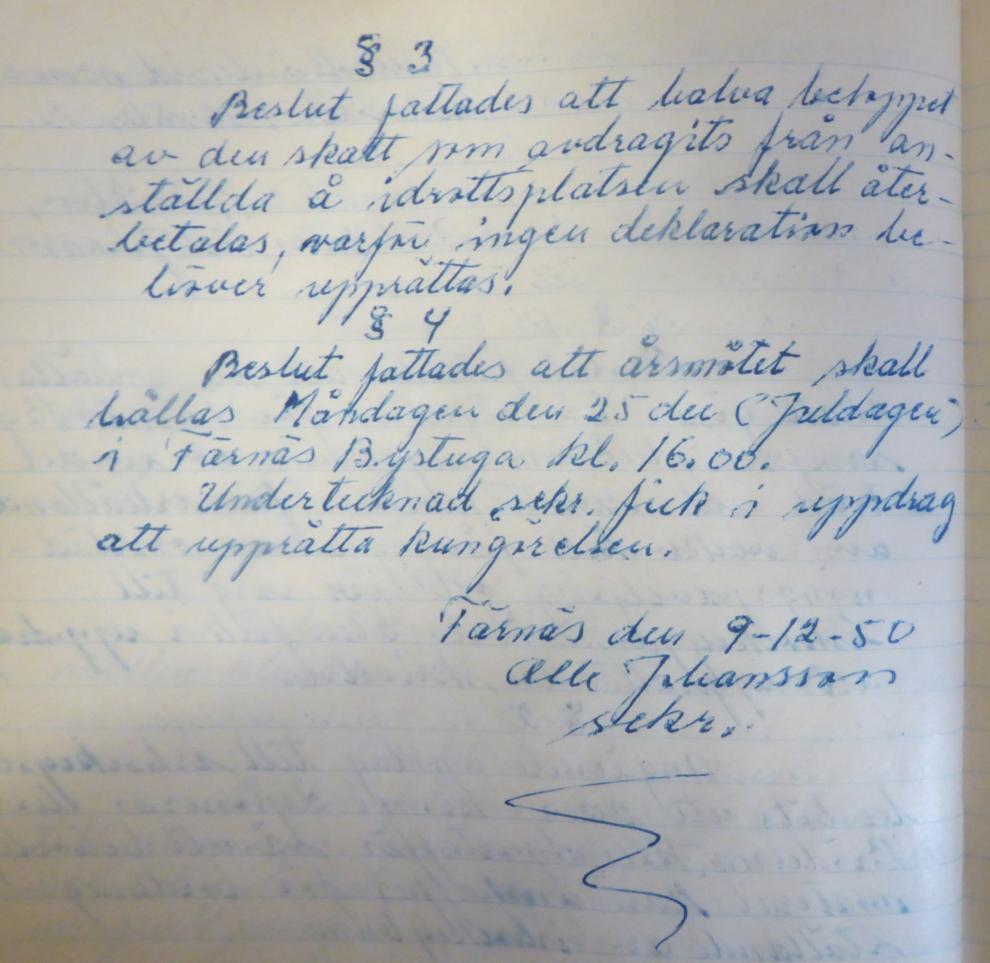 Protokoll fört vid styrelsesammanträde med Ishockeysekt. Den 15-12-1950. Närvarande: Mats Elin, And. Larsson, Erik Nilsson, och Olle Johansson. För Ishockeysekt.