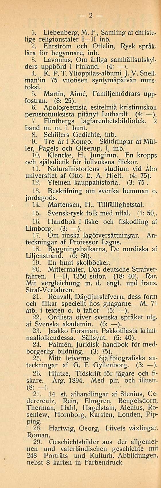 2 1. Liebenberg, M. F., Samling af christelige religionstaler I II inb. 2. Ehrström och Ottelin, Rysk språklära för begynnare, inb. 3. Lavonius, Om årliga samhällsutskylders uppbörd i Finland. (4: i.