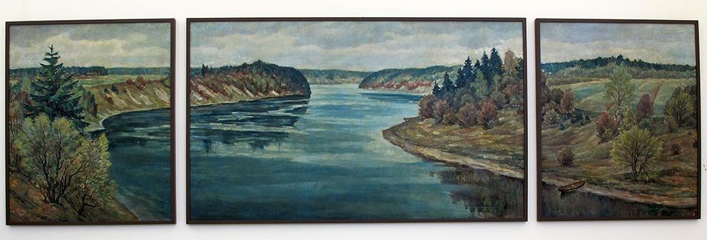 2016 Into Linturi: Kokemäenjoki-triptyk, 1938, olja på duk, 180 x 600 cm Porin Suomalainen Yhteislyseo, Tasavallankatu 4