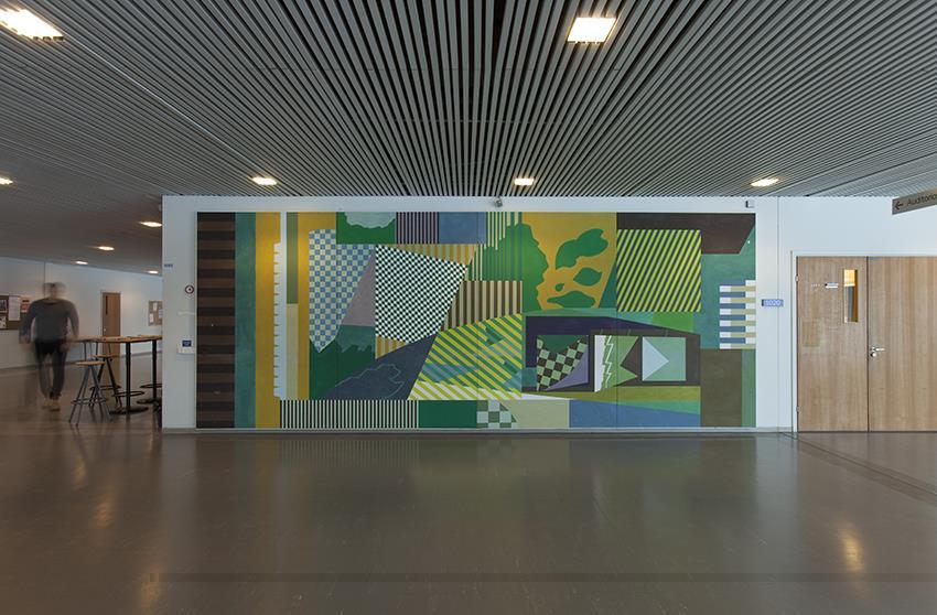 2017 Juhani Tarna: Savuja (Rök), 1966, oljemålning på spånskiva, 256 x 664 cm Tidigare Björneborgs tekniska läroverk, Vetenskapsparken