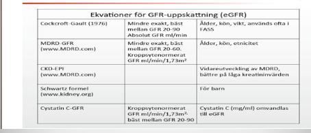 Metoder för estimering av GFR Förslagsvis reviderade Lund-Malmö formeln (kreatinin, cystatin-c, ålder, kön) beräknat som medelvärdet