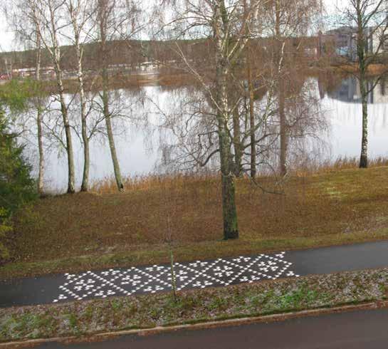 Visualisering av ett stickningsmönster från Finland. Verket är cirka 10 meter långt och består av 506 maskor med måtten 80x80x20 mm.