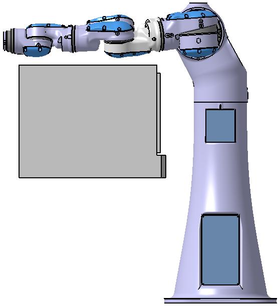 Djupet hos skåpet är 650mm, medan maximal räckvidd hos roboten är 970mm. Roboten når inte att sträcka armen runt till den sida hos skåpet som är vänd från roboten.