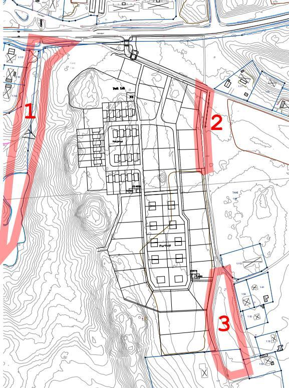 4 Dagvattenavledning inom planområdet Vid dimensionering av dagvattensystemet har tre områden för avledning/infiltration identifierats. Se figur 4 nedan. Figur 4.