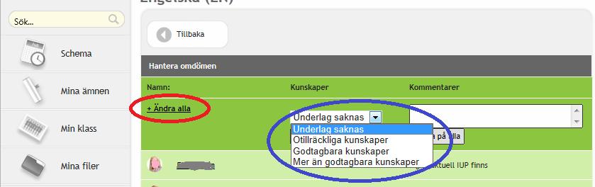 Klicka sedan på Resultat och Omdömen (IUP). 5. Klicka på ändra alla om du vill göra bedömningen för hela klassen på en gång.