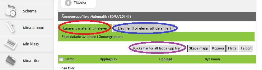 Under den första lägger läraren ut material till eleven - Lärarens material till elever. Under den andra hamnar filer som eleverna delar Elevfiler (För elever att dela filer).