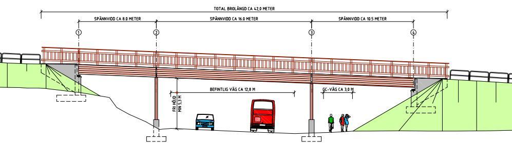 3.2.2 Balkbro i trä Ett utförande med balkbro i trä innebär att bron utformas med tre spann, se förslagsskiss 142K2001.