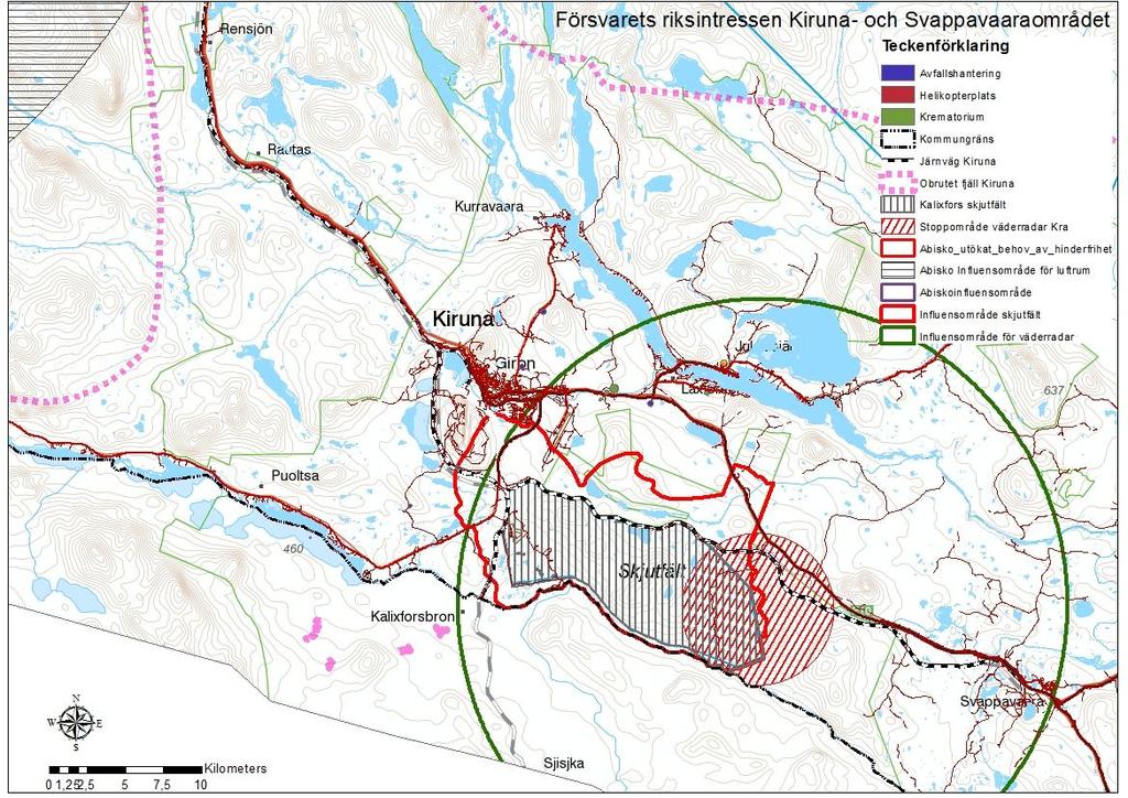 Bild 15: Riksintresse försvarsmakten Kiruna-Svappavaara Planförslagets påverkan på riksintressen Planförslagets påverkan på riksintresset MB 4:2, MB 4:5 och MB 4:8 I planförslaget prioriterar