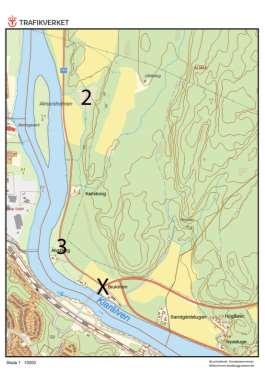 X markerar inventeringsområdets södra avgränsning. 2 och 3 markerar läget för två våtmarker där groddjur leker. 1. Våtmark i betesmark 50 m väster om väg S720.