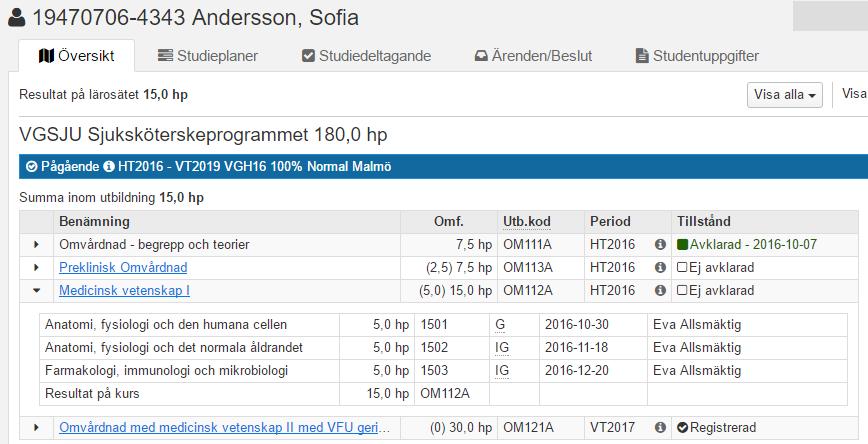 Rapportera resultat på enskild student När resultatrapportering sker på enskild student, kan man gå via studieöversikten.