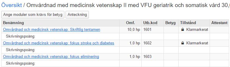 Det är endast attesterade moduler som visas på översiktssidan. En kurs som inte är avklarad har en länk till studentens kurssida.