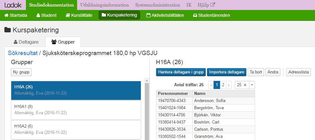 Arbeta med grupper i program och i kurs I Ladok finns det två typer av grupper; grupper i program och grupper i kurs.