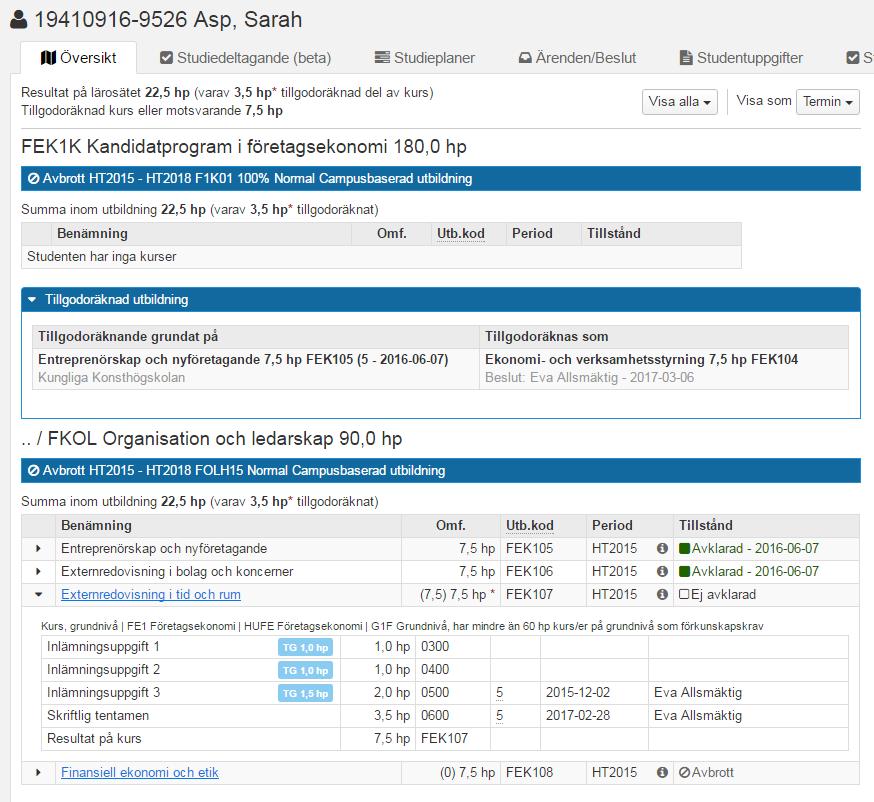 Studieöversikt: Hur summeras resultat totalt och på program Resultat på lärosätet avser: Alla avklarade kurser och moduler oavsett om de är inom program (kurspaketering) eller fristående Kurser och