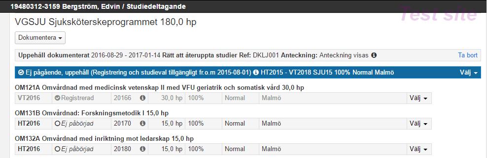 Studenten gör ett uppehåll på program 1. Studentens uppehåll dokumenteras i Studiedeltagande-fliken med fr.o.m. t.o.m. - datum. 2.