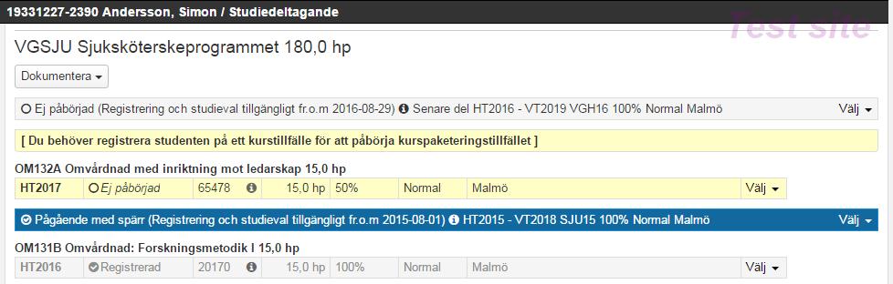 Studenten omregistrerar sig på kurstillfälle inom nytt programtillfälle Har studenten kurser som inte är avklarade från tidigare programtillfälle kan kurstillfällesbyte nu förberedas och läggas