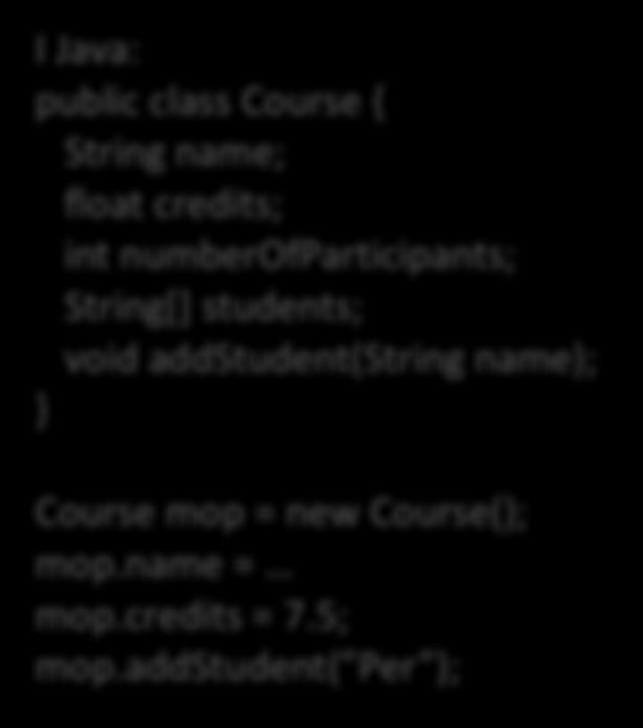 crs->students[crs->numberofparticipants++] = name; void main() Course mop; mop.name = "Maskinorienterad Programmering"; mop.credits = 7.5f; mop.
