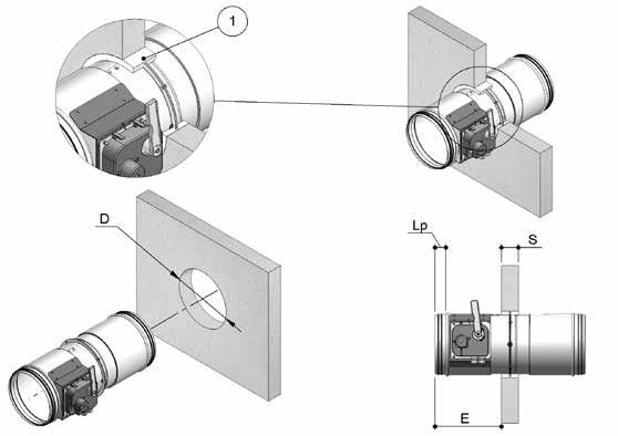 Installation Installationer i vertikal lätt vägg (gipsblock) Brandspjällen WH45U är testade och godkända i: Installation i lättvägg (vägg av gipsblock) EI 90 S Min. väggtjocklek: 70 mm Min.