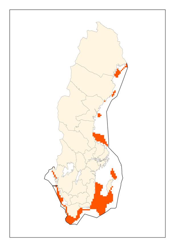 Figur 1. Svenskt utbredningsområde (till vänster) och förekomstareal (till höger). Förutsättningar för bevarande Länk: Gemensam text (förutsättningar för bevarande) http://www.naturvardsverket.