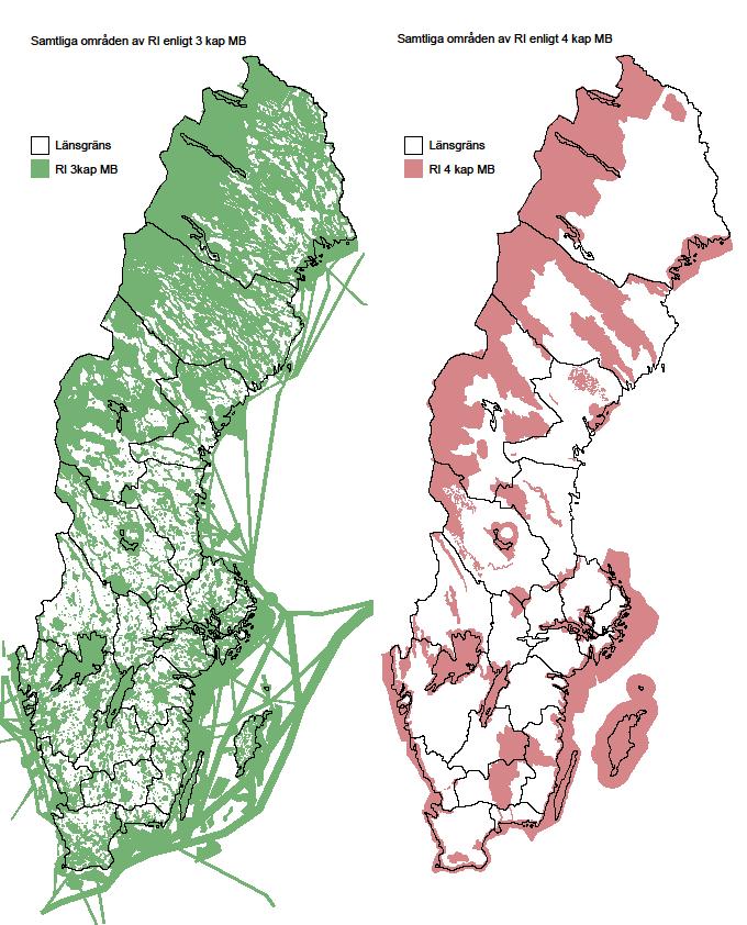 Geografisk fördelning av områden av riksintresse enl. 3 (grön) och 4 (rosa) kap. MB Av landarealen (netto) för områden enl 3 och 4 kap.