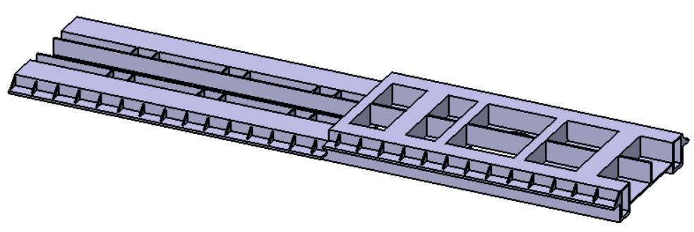 Figur 4.16. Modell av hur hjälpramen ungefärligen konstrueras idag. Elementstorleken är 80 mm (sag 8 mm) för hela modellen. Resultatet förändras inte om en mindre eller större elementstorlek används.