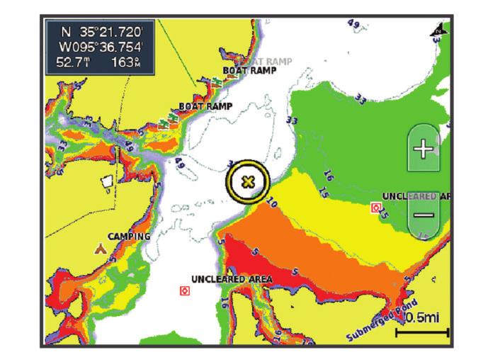 Grönt anger bra djup och GPS-position och en hastighet under 9 knop (10 mph). Gult anger bra djup och GPSposition och en hastighet mellan 9 och 18 knop (10 och 20 mph).