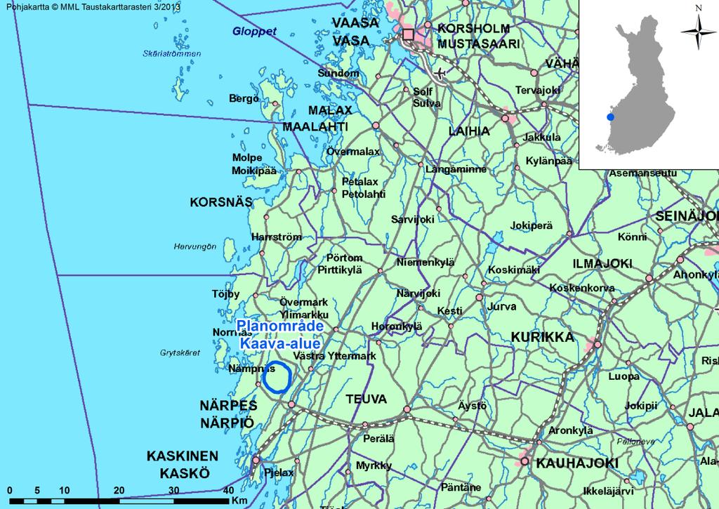 10 (85) 5 NULÄGE 5.1 Planläggningsområde och beskrivning av näromgivningen 5.1.1 Läge Planläggningsområdet är beläget i Kalax, i Närpes knappa tre kilometer nordväst från Närpes centrum.