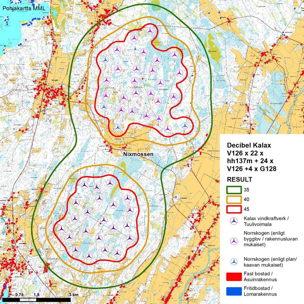 48 (85) Figur 20. Sammantagen bullermodellering för Kalax och Norrskogen vindkraftparker.