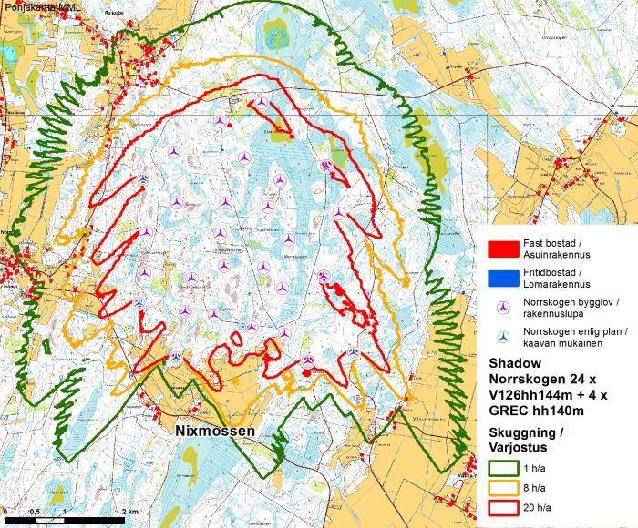 På basen av den sammantagna skuggningsmodelleringen kan man konstatera att det inte finns ytterligare fasta bostäder eller fritidsbostäder belägna inom det skuggningsområde som överskrider 8 h/a än