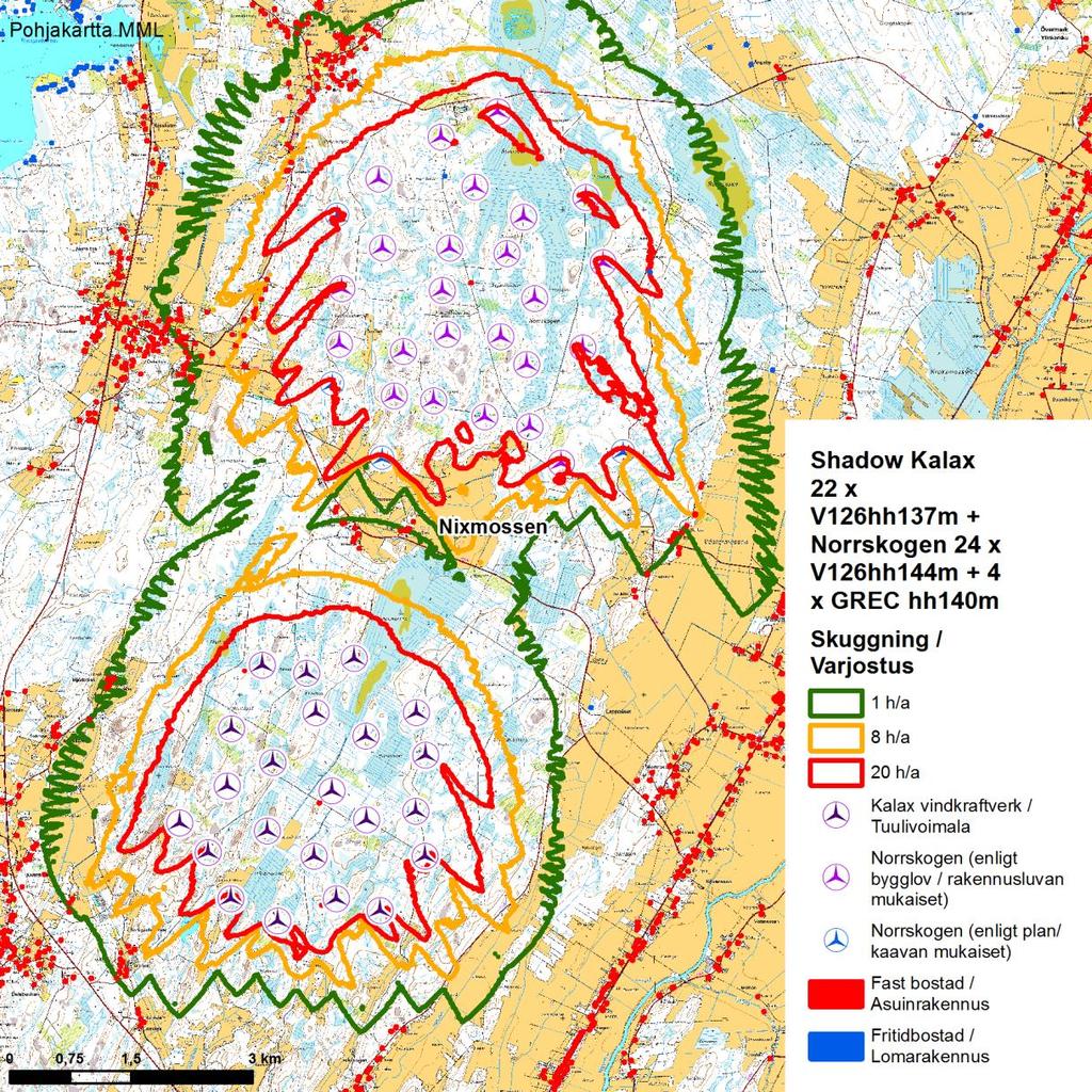 52 (85) Figur 22. Sammantagen skuggningsmodellering för Kalax och Norrskogen vindkraftparker. 11.