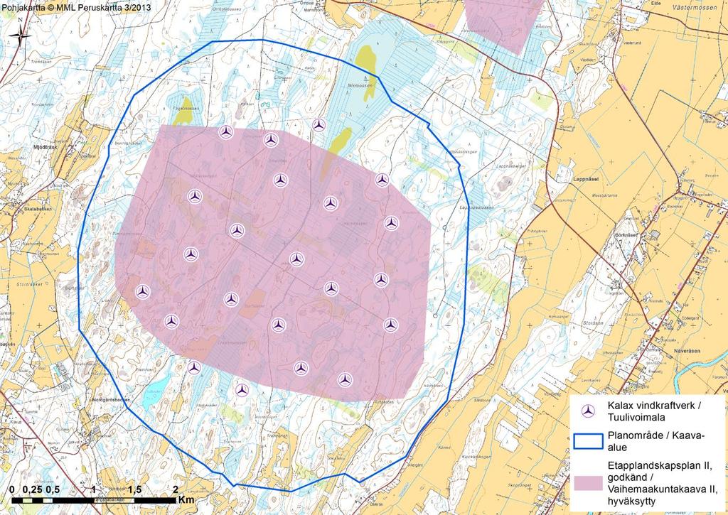 60 (85) Figur 24. Kalax kraftverk i förhållande till Etapplandskapsplan II. Då Kalax vindkraftspark är i drift begränsar det boende- och fritidsboende inom planområdet.