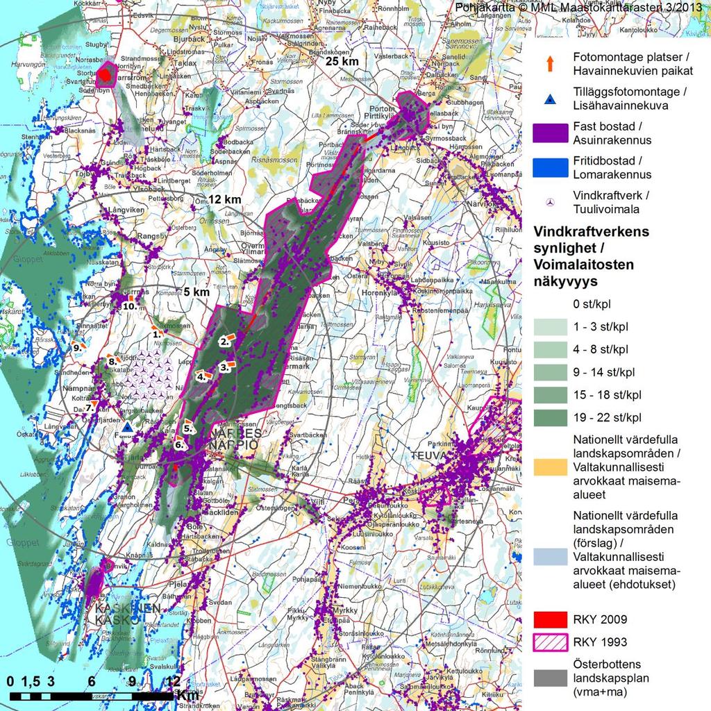 65 (88) Figur 25. Vindkraftparkens synlighetsanalys, landskapsmässiga värdeområden närheten av planområdet samt närliggande bosättning.