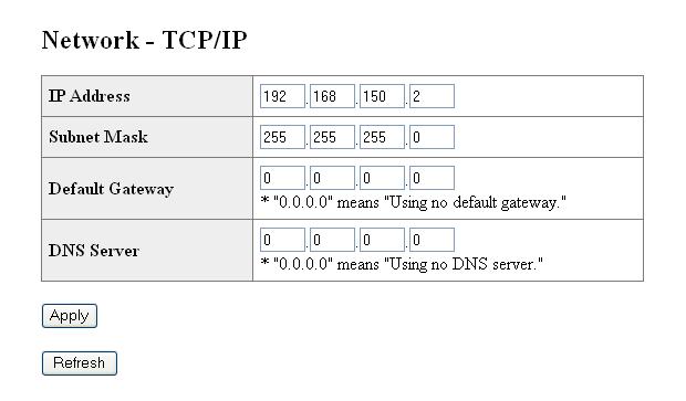 Uppställning av projektorns nätverksmiljö 4 Inställningsskärmen TCP/IP visas och medger nätverksinställningar för projektorn.