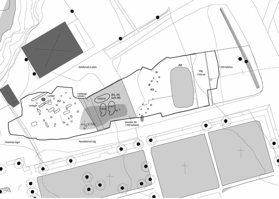 In Situ Kyrkan, jarlen och makten 107 Figur 1. Plan över undersökningsytan vid kyrkogården i Tölö. I västra delen framträder kyrkan och gravarna.