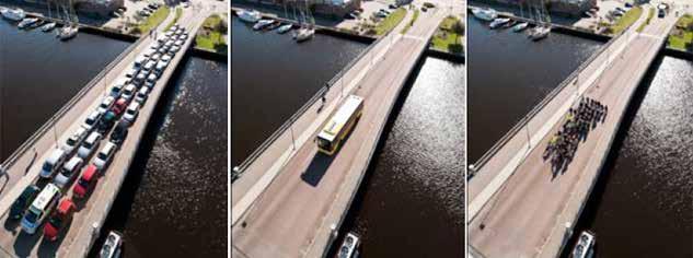 Biltrafiken tar mycket plats jämfört med motsvarande antal resenärer i buss eller på cykel. Detta gäller naturligtvis även om bilarna är eldrivna.