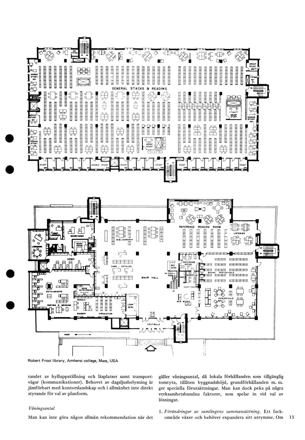 4 Robert Frost library, Amherst college, Mass, USA randet av hylluppställning och läsplatser samt transportvägar (kommunikationer ).