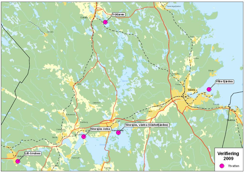 Figur 3. Provlokaler för passiva provtagare i kust- och inlandsvatten under 2009 i Gävleborgs län.