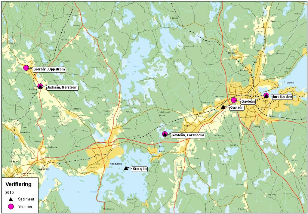 Figur 6. Provlokaler för ytvatten och sediment i inlandsvatten under 2010 i Gävleborgs län.
