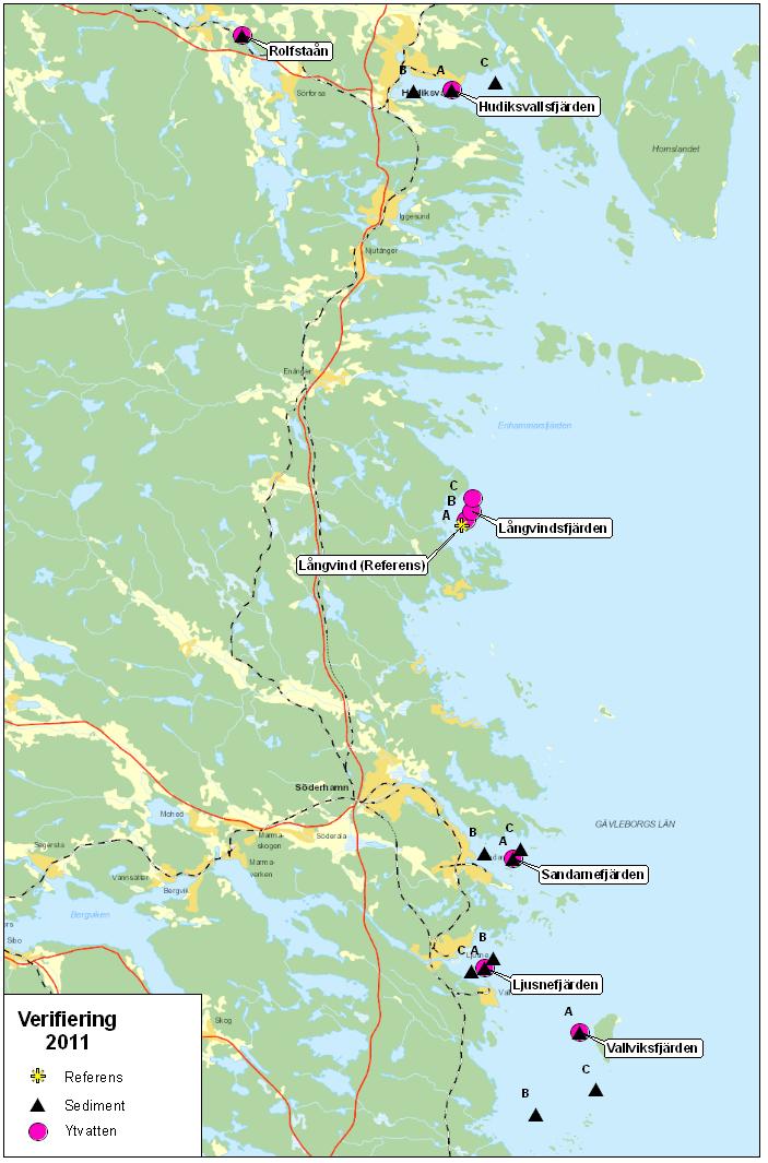 Figur 8. Provlokaler för ytvatten och sediment i kust- och inlandsvatten under 2011 i Gävleborgs län.