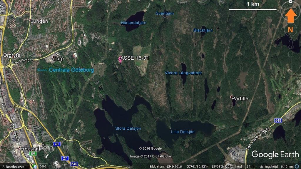 Fig. 4. Karta över Delsjöområdet som ligger sydost om centrala Göteborg. ASSE 16-01, cirka 1 km norr om Stora Delsjön, markerar var den migmatitiska gnejsen har provtagits.