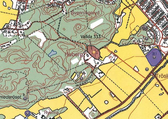 Fig. 12. Utsnitt från FMIS digitala karta visande belägenheten för Vallda 333 i dagens landskap. Skala 1:5000. möjligheter att uppfatta 1800-talets gårdsstruktur.