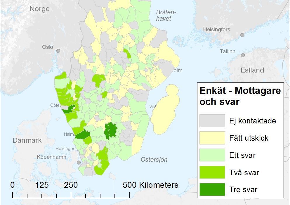 Ett svar; ljusgrön, betyder att enkätsvar kommit in från någon av de tre externa aktörerna i berörd kommun. Enbart fyra kommuner har resulterat i svar från samtliga aktörer.