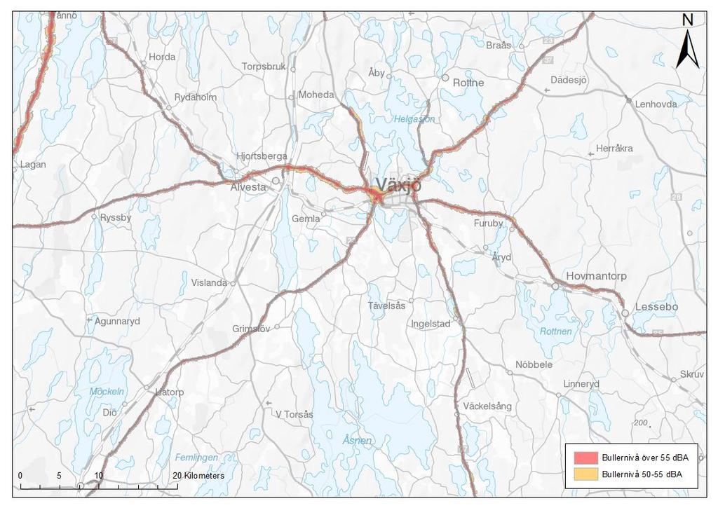 Figur 2. Kartan visar bullerutbredning >50 dba längs med vägnätet, samma område som figur 1.
