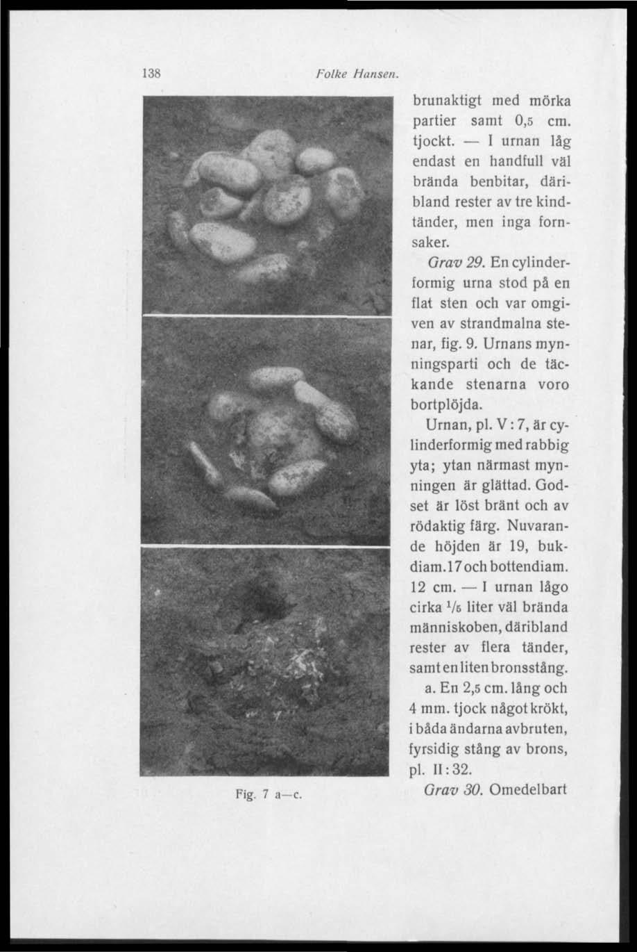 138 Folke Hansen. Fig. 7 a c. brunaktigt med mörka partier samt 0,5 cm. tjockt. I urnan låg endast en handfull väl brända benbitar, däribland rester av tre kindtänder, men inga fornsaker. Grav 29.