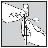 Medan du håller i injektionsflaskan, tryck in den vita kolven hela vägen ner. Detta steget är viktigt för att få korrekt dos.